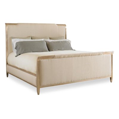 Caracole Avondale Brushed Tweed Soft Silver Beige Birch Wood Upholstered  King Panel Bed