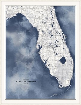 Florida Map Grande in Blue Water with Pearl Frame