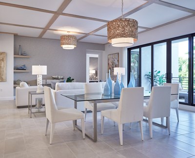 Image of the Coquina Dining Room with neutral tones and blue accents.
