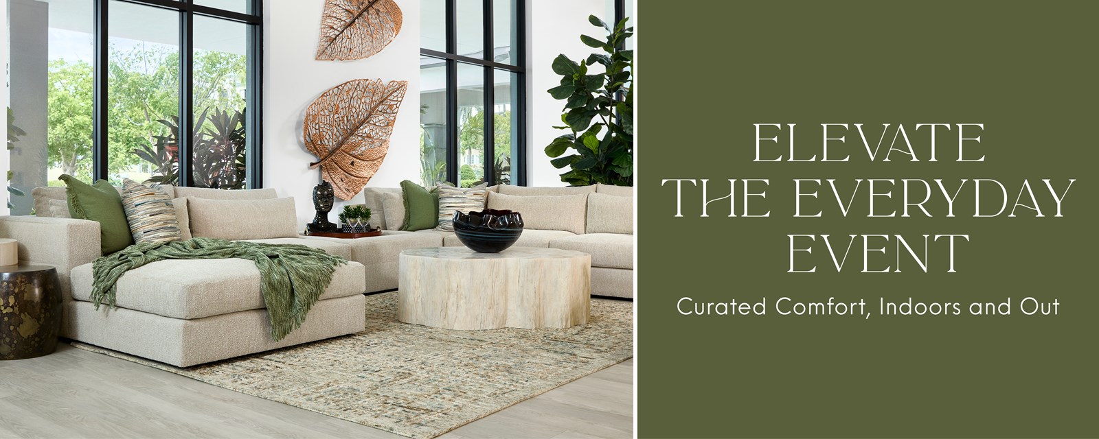 Image of the Leone sectional. Text: Elevate The Everyday Event. Curated Comfort, Indoors and Out. Click to view.