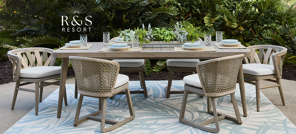 Image of the Boca Outdoor Dining Table with R&S Resort Logo.