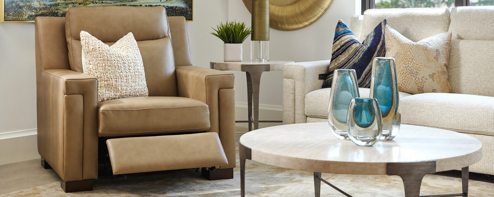 Image of a brown leather open recliner.