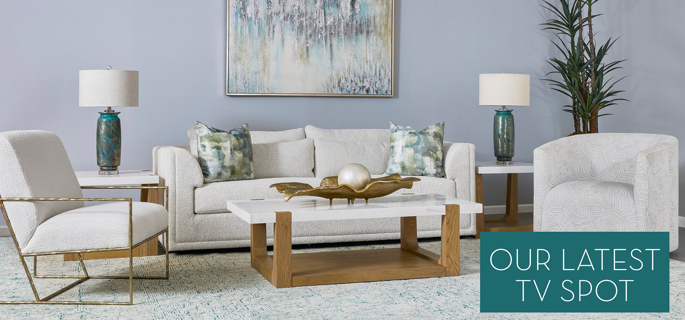 Photo of the Melrose Living Room. Text: Text: Our Latest TV Spot. Links to Fast Track to Fabulous TV Spot on Youtube.