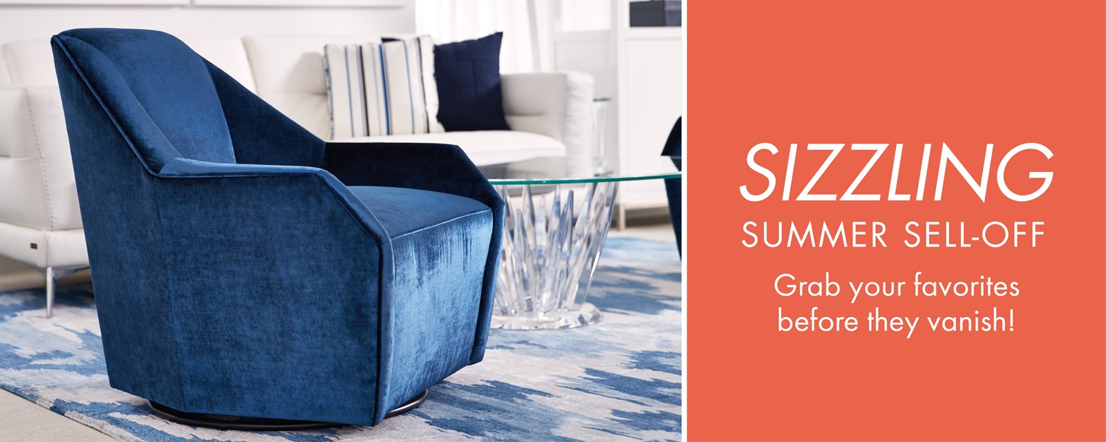 Image of the Diamond Swivel Chair. Text: Sizzling Summer Sell-off. Grab your favorites before they vanish!