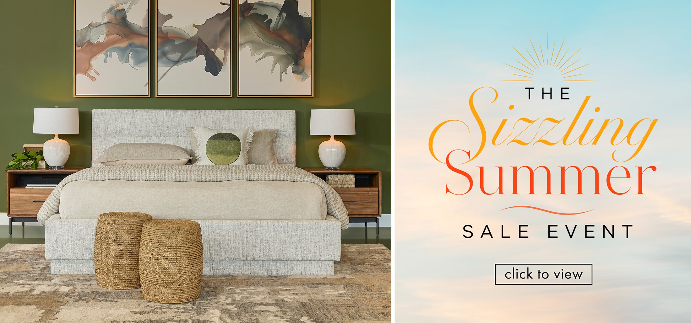 Image of the Hamilton King Bed in Beach Heather with a green wall and Linq nightstands. Text on a sunset background: The Sizzling Summer Sale Event. Click to view. Links to event.