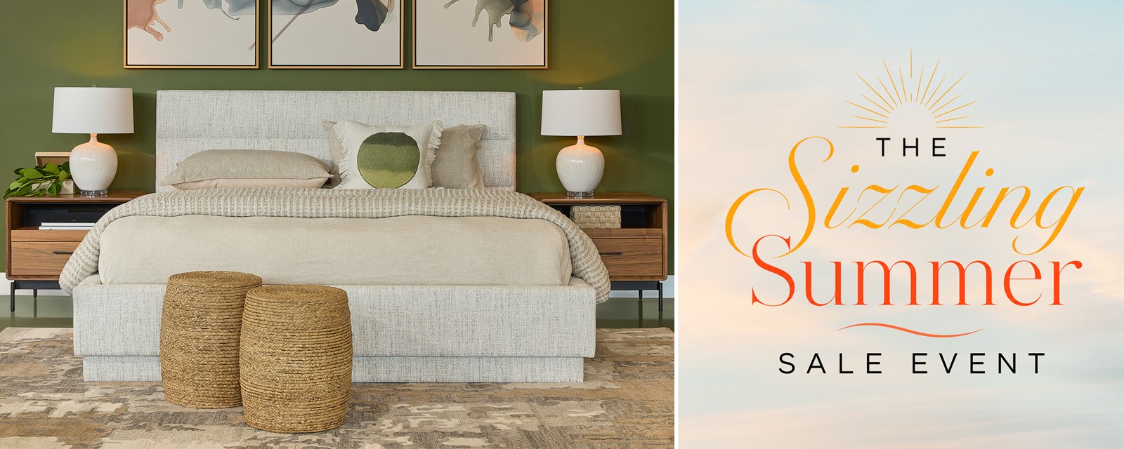 Image of the Hamilton King Bed in Beach Heather with a green wall and Linq nightstands. Text on a sunset background: The Sizzling Summer Sale Event.