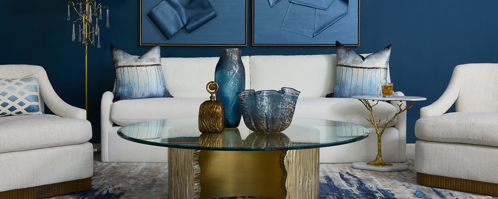 Image of the Buoyant Sofa with dark blue wall and gold accents.