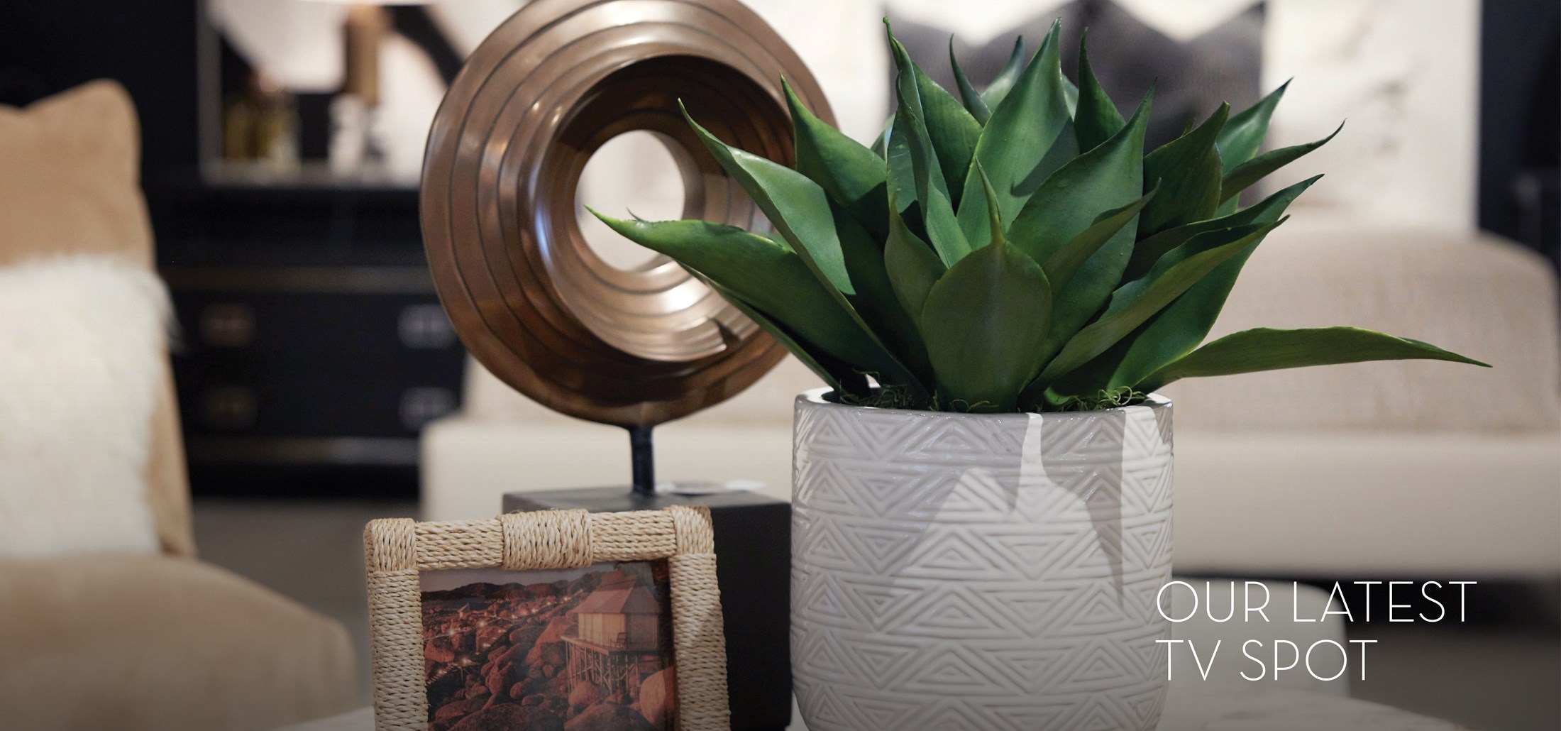 Image of a plant, picture frame and accessory on a cocktail table. Text: Our Latest TV Spot. Links to The Mix TV spot on Youtube.