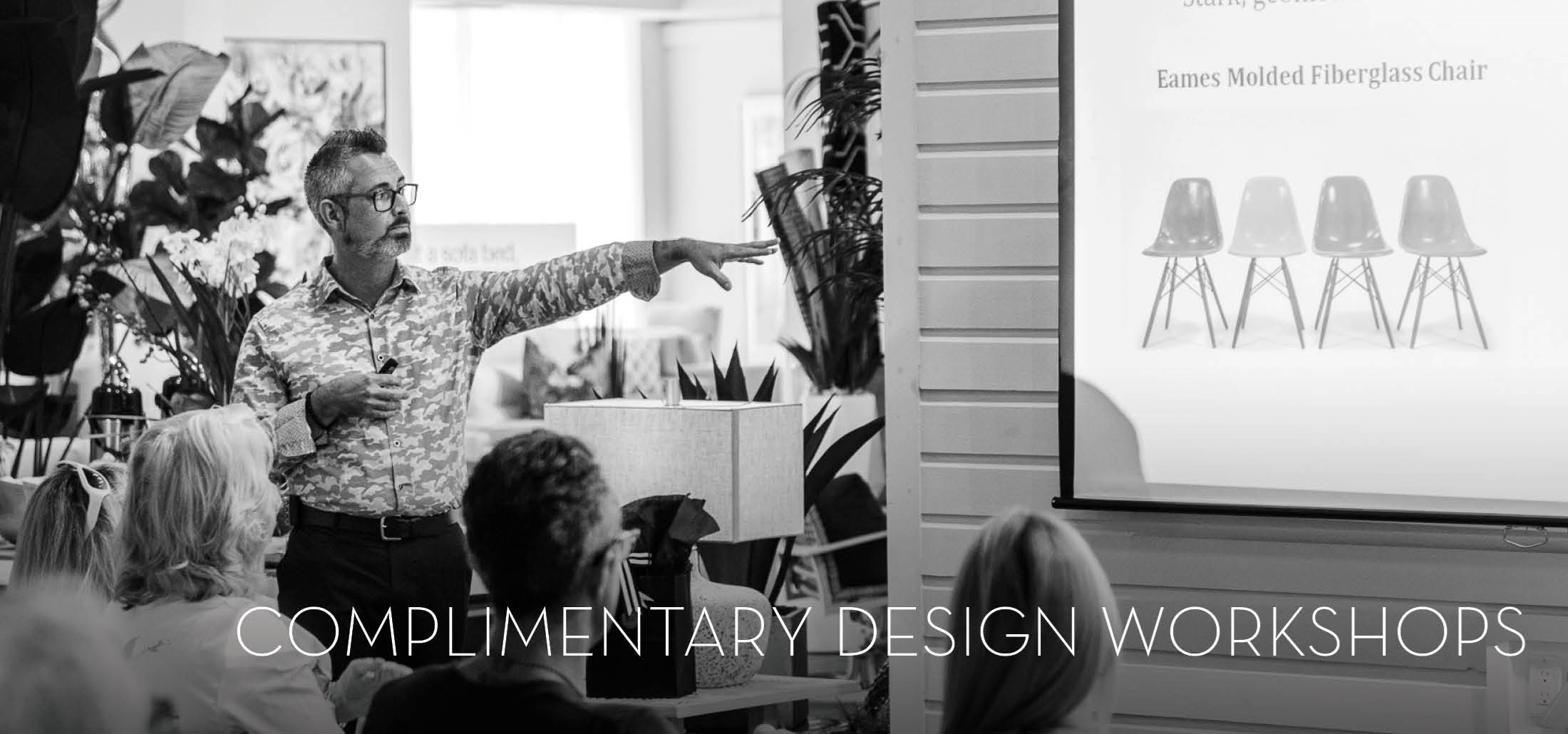 Image of a designer presenting to a crowd at a design workshop. Text: Complimentary design workshops. Links to upcoming events page.